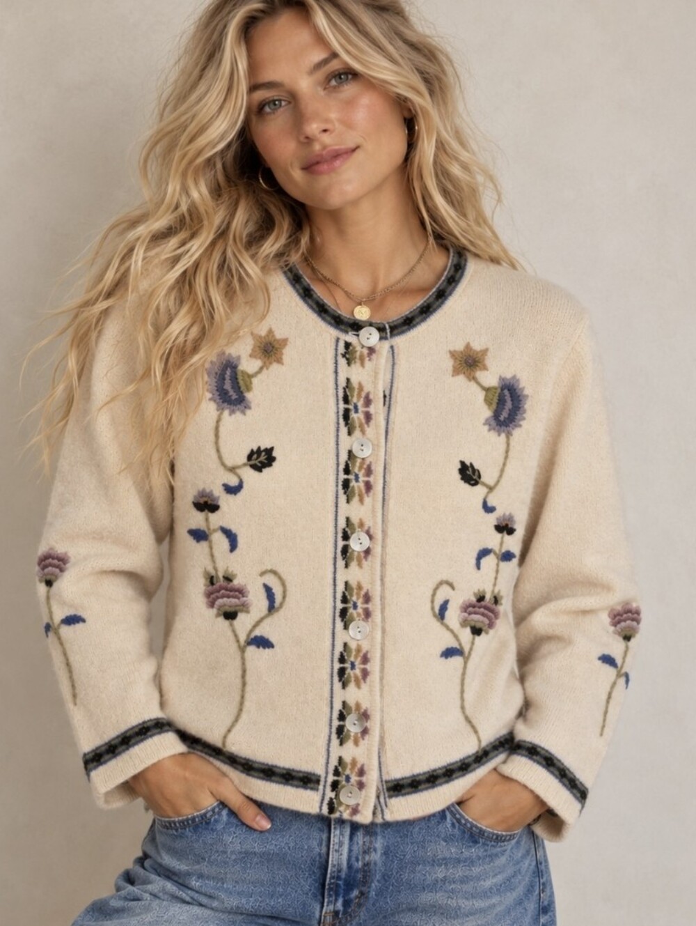 Vtg Coldwater Creek 100% Wool Floral Embroidered Cardigan Sweater Cream Sz S
